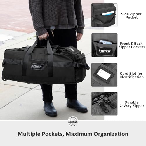 STOVER 45/80/100L Rolling Duffel Bag with Wheels, Large Durable Travel Duffle + Toiletry Bag, Heavy Duty, Packable, Foldable with Shoulder Straps- Use as Luggage or Backpack, Men/Women (Black) - color: Black