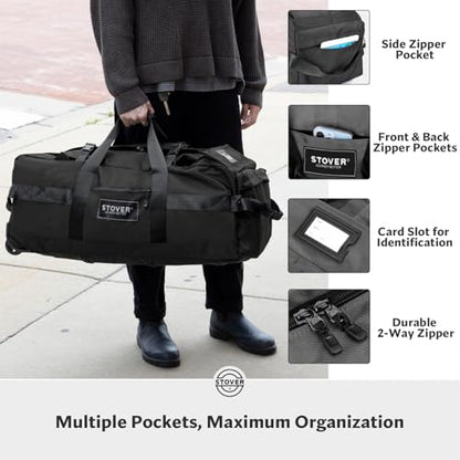 STOVER 45/80/100L Rolling Duffel Bag with Wheels, Large Durable Travel Duffle + Toiletry Bag, Heavy Duty, Packable, Foldable with Shoulder Straps- Use as Luggage or Backpack, Men/Women (Black) - color: Black