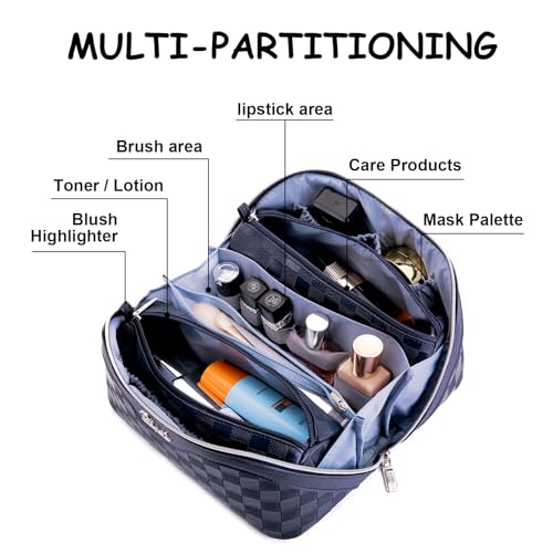 BOYATU Travel Makeup Bag Organizer: 3 Pcs Set Large Capacity Cosmetic Bags Holds 10–20 100ml Full-Size Bottles - 180°Open-Flat Make up Case 3-sec touch-up - Toiletry Bag Gift women (03-A-Dark Blue) - color: 01-G-Dark Blue