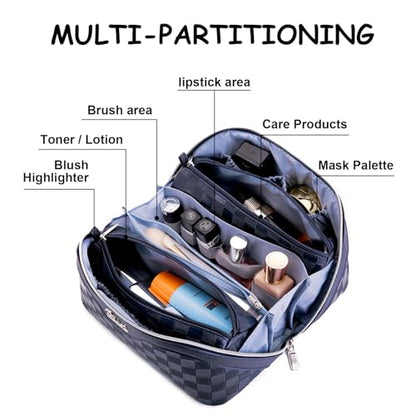 BOYATU Travel Makeup Bag Organizer: 3 Pcs Set Large Capacity Cosmetic Bags Holds 10–20 100ml Full-Size Bottles - 180°Open-Flat Make up Case 3-sec touch-up - Toiletry Bag Gift women (03-A-Dark Blue) - color: 01-G-Dark Blue
