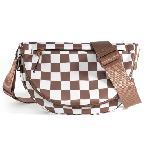 Crescent Bag for Women and Men, Fashion Medium Nylon Folding Crescent Moon Bag Single Shoulder Bag with Adjustable Strap - color: Crossbody bag- Brown Checkered