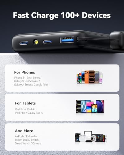 INIU 45W Fast Charging Portable Charger, 40% Smaller 10000mAh with Detachable Cable, Flight-Safe Travel Power Bank, USB C External Phone Battery Pack for iPhone 17 16 Pro iPad Samsung S26 Google etc - color: Black