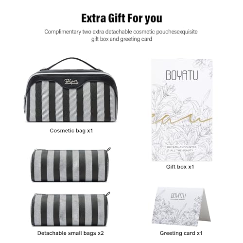 BOYATU Travel Makeup Bag Cosmetic Bag for Women: 3 Pcs Set Striped Make up Bag with Compartments - Waterproof Vegan Leather Toiletry Bag with Handle - Makeup Organizer for Travel Essentials(A-4-Black) - color: A-4-Black