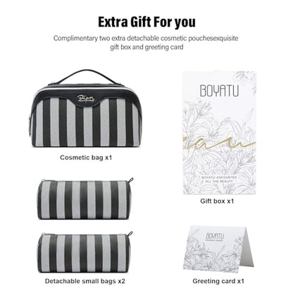 BOYATU Travel Makeup Bag Cosmetic Bag for Women: 3 Pcs Set Striped Make up Bag with Compartments - Waterproof Vegan Leather Toiletry Bag with Handle - Makeup Organizer for Travel Essentials(A-4-Black) - color: A-4-Black