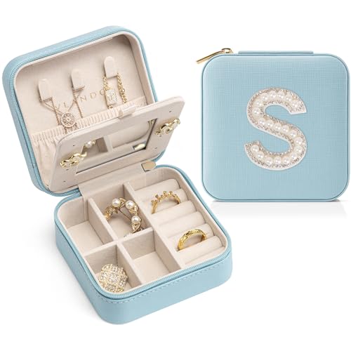VLANDO Travel Jewelry Box for Girls Women, Initial Jewelry Organizer Box Travel Must Haves Jewelry Case for Girls, Travel Necklace Earrings Ring Box for Daughters, Valentines Gift - Letter S, Blue - color: Blue, size: S