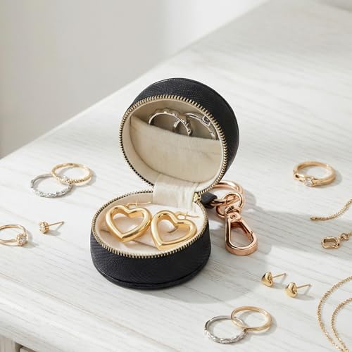 Portable Ring Holder Keychain, Mini Sports Jewelry Holder Box, Small Travel Ring Earring Stud Necklace Storage Case (Black) - color: Black