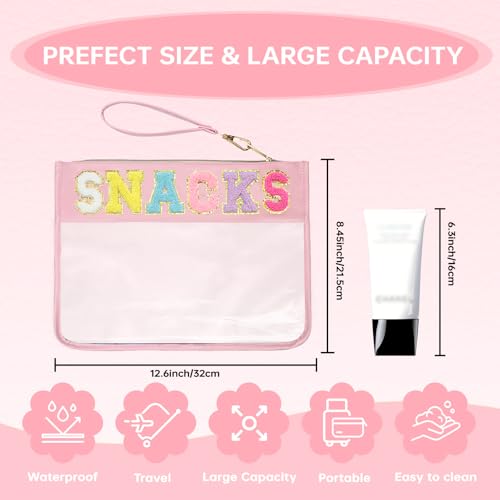 Clear Zipper Pouch for Travel Snacks Bag Nylon Clear Cosmetic Bag Makeup Travel Bag for Women with Glitter Patch Letters (Pink-Snacks) - color: FS-SNACKS