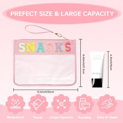 Clear Zipper Pouch for Travel Snacks Bag Nylon Clear Cosmetic Bag Makeup Travel Bag for Women with Glitter Patch Letters (Pink-Snacks) - color: FS-SNACKS