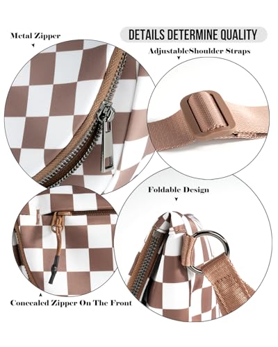 Crescent Bag for Women and Men, Fashion Medium Nylon Folding Crescent Moon Bag Single Shoulder Bag with Adjustable Strap - color: Crossbody bag- Brown Checkered