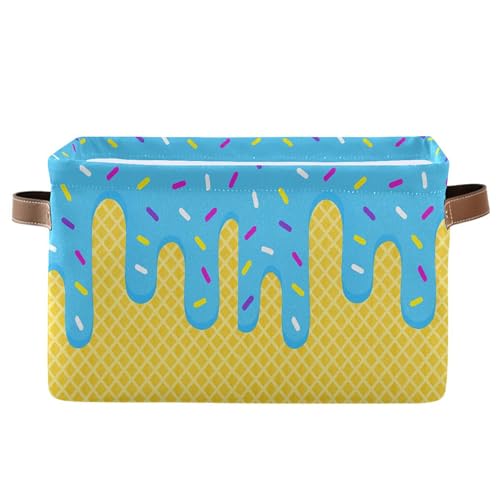 Wamika Ice Cream Drip Baseball Storage Basket with Waterproof Liner and PU Handles Blue Candy Storage Bins Boxes 14.2" Collapsible Decorative Organizer Baskets for Bedroom Closet Office 1 Pack - color: Ice cream, size: 1 Pack