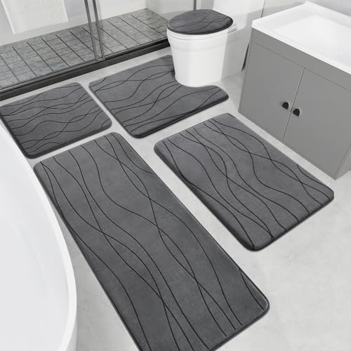 YIHOUSE Memory Foam Bathroom Rugs Sets, Dark Grey, 5 Piece | Ultra Soft, Absorbent, Non-Slip, Machine Washable, - color: Dark Grey, size: 1'8" x 3'10" (Rectangular)