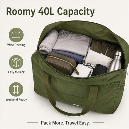 Foldable Travel Duffle Bag with Trolley Sleeve 40L Capacity, Lightweight Packable Travel Duffel Bags with the Keyhole Zipper, Weekender Overnight Nylon Carry on Bag for Men & Women, Army Green - color: Green
