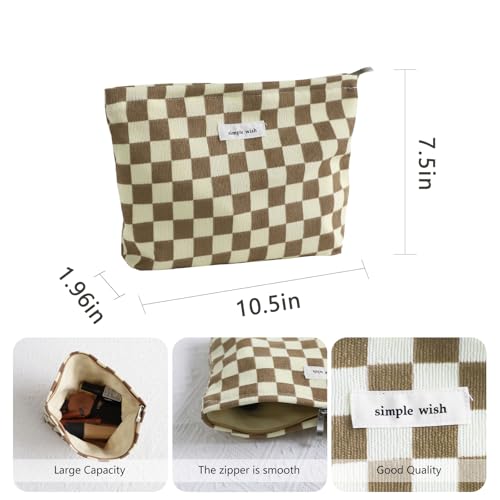 Wudygirl Checkered Makeup Bag Large Capacity Makeup Pouch Travel Cosmetic Pouch for Women Canvas Toiletry Bag Zipper Handbag Aesthetic (Khaki Checkered) - color: Khaki Checkered