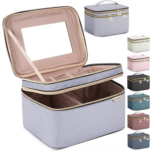 HXLGMD Large Makeup Bag with Mirror Double Layer Travel Make Up Organizer Case, Large Capacity Coemetic with Brush Slot Divider, Travel Toiletry Bag for Women (Grey) - color: Grey