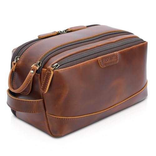 Polare Full Grain Leather Toiletry Bag for Men Large Travel Cosmetic Case Dopp Kit Shaving Kit Wash Pouch with YKK Zippers (Brown) - color: Brown