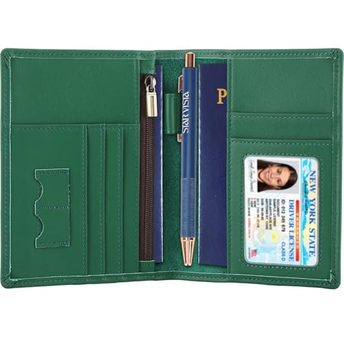 STAR VISTA Phoenix Leather Passport Holder, Calfskin Travel Wallet - RFID Blocking, ID Window, Zipper Pocket, Pen & Notebook Included, Mint - color: Mint Calfskin