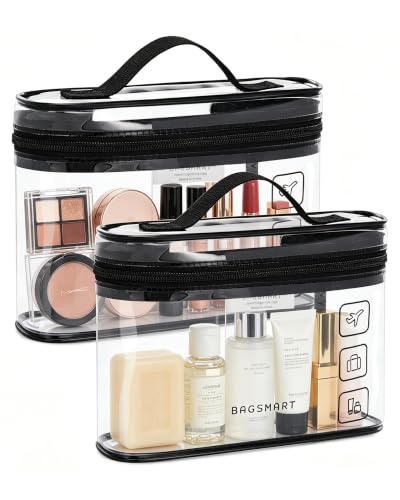 BAGSMART TSA Approved Toiletry Bag, 2 Pack Clear Makeup Cosmetic Bag Organizer, Quart Size Travel Bag for Toiletries, Carry-on Travel Accessories Essentials, Black-2pcs - color: Black, style: 2 Pack