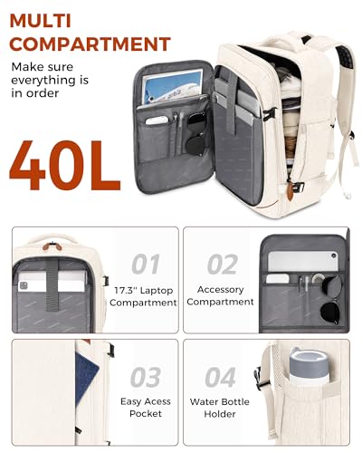 Vancropak Travel Backpack for Women, Airline Approved Carry On Backpack with 3 Packing Cubes, Expandable Large 40L Travel Bag fits 17" Laptop, Anti Theft Luggage Suitcase Weekend Daypack, White Brown - color: White Brown