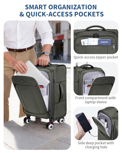 ECOHUB Carry On Luggage Airline Approved, 21 Inch Height Softside Carry On Suitcase with Spring Shock-Absorbing Spinner Wheels, Lightweight Travel Luggage with TSA Lock, Fits 22x14x9 Carry-On Bag - color: Green