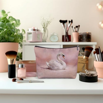 Pink White Swan Makeup Bag, Swan Animal Lovers Gifts Cosmetic Bags for Women, Pink Preppy Elegant Animal Makeup Zipper Pouch - color: Pink White Swan