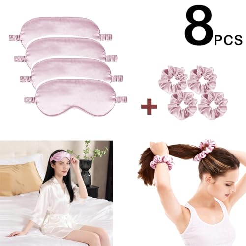 Satin Eye Mask 8Pcs Silk Sleep Masks Silky Blindfold Eyeshade Blackout Eyes Cover Scrunchies Hair Ties Travel Wedding Gifts - color: Nude Pink