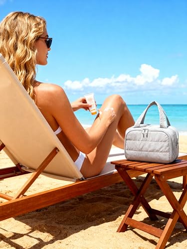 Travel Toiletry Bag for Women, Large Wide-open Puffy Cosmetic Makeup Bag with Wet-Dry Separation, Multi-Pocket Organizer with Carry Handle for Toiletries, Cosmetics, Essentials, Light Grey - color: Light Grey