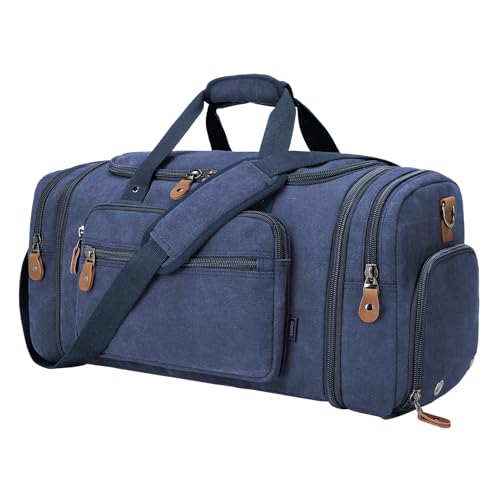 Gonex Canvas Duffle Bag 60L Travel Duffel Overnight Weekend Bag with Shoe Compartment (Blue) - color: Blue, size: X-Large-60L (With Shoe Compartment)