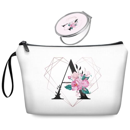 Initial A Bride Gifts for Women – Personalized Letter A Travel Makeup Bag Set with Mirror, Monogram A Cosmetic Pouch for Bridesmaid Maid of Honor Wedding Bridal Shower - color: Diamond-like Ietter A Floral-white-2S