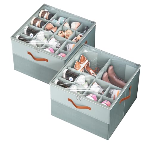 Shoe Organizer for Closet,2 Pack Foldable Shoe Storage Organizer Box Bin with Adjustable Dividers and Clear Cover, Fits up to 16-32 Pairs（Grey） - color: Grey