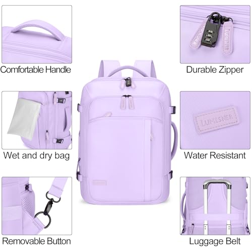Lumesner Carry on Travel Backpacks, Extra Large 40L Flight Approved Bag for Men & Women,Expandable Suitcase Backpack With 4 Packing Cubes,Water Resistant Luggage Daypack Business Weekender Bag, Purple - color: Purple