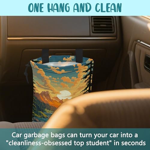 Car Garbage Bag Mountain Lake and Sunrise Drawstring Car Trash Bag Hanging for Back Seat with Adjustable Buckle Canvas Vehicle Trash Can Easy-to-Install - color: Mountain Lake and Sunrise