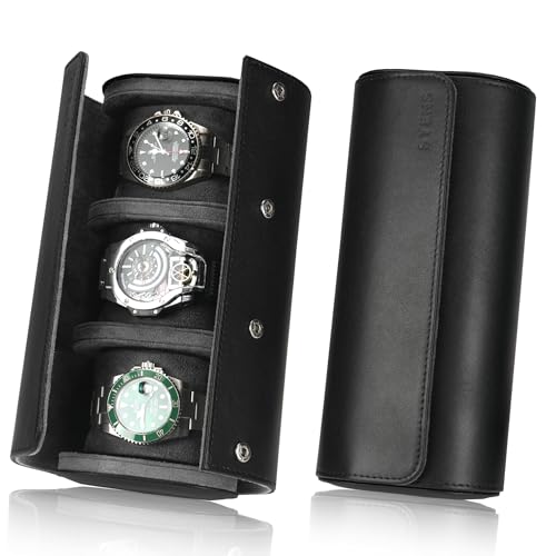 Leather Watch Roll Travel Case 3 Watches Box, Suitable for all Watches and Smartwatches under 55mm Storage Organizer for Man and Women (3W-BBL) - color: 3W-BBL