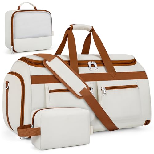 Convertible Garment Duffel Bags for Travel - Carry on Garment Duffle with Toiletry Bag Storage Bag Large Travel Duffel Bag 2 in 1 Hanging Suit Bag Weekender Bag for Men Women 3pcs Set - color: A01-white