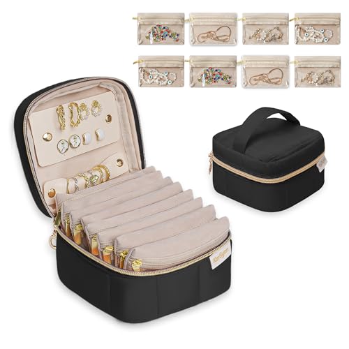 KarSyon Travel Jewelry Case Organizer Jewelry Box with 8 Velvet Pouches Mini Jewelry Organizers Storage for Girls/Women Small Cute Puffer Bags for Earrings,Rings,Necklaces,Bracelets (Black, Small) - color: Black, size: Small