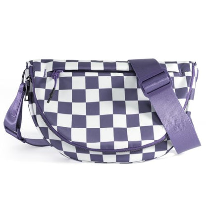 Crescent Bag for Women and Men, Fashion Medium Nylon Folding Crescent Moon Bag Single Shoulder Bag with Adjustable Strap - color: Crossbody bag- Cloud Purple Checkered