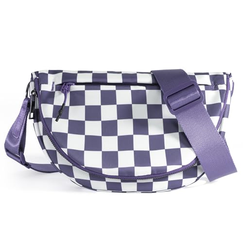 Crescent Bag for Women and Men, Fashion Medium Nylon Folding Crescent Moon Bag Single Shoulder Bag with Adjustable Strap - color: Crossbody bag- Cloud Purple Checkered
