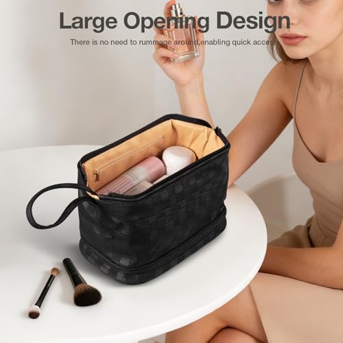 Abiudeng Large Capacity Makeup Bag Ladies Cosmetic Bag Travel Bag with Compartments Portable PU Leather Travel Makeup Bag with Handle - color: Checkerboard-Black