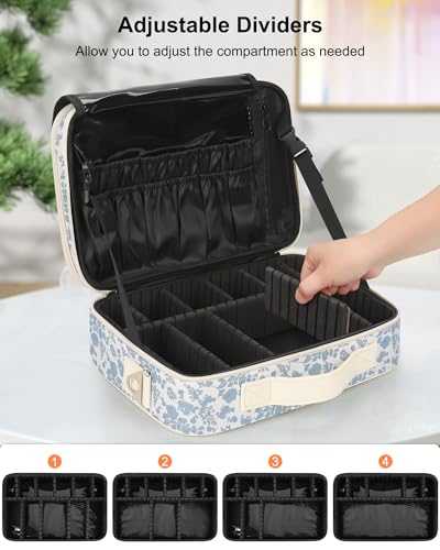 Relavel Large Makeup Bag, Cute Cosmetic Bags for Women and Girls Travel Makeup Organizer Bag Train Case 13.8 inches Makeup Brush Holder and Storage with Adjustable Dividers, Floral Print - color: Floral Print, size: Medium