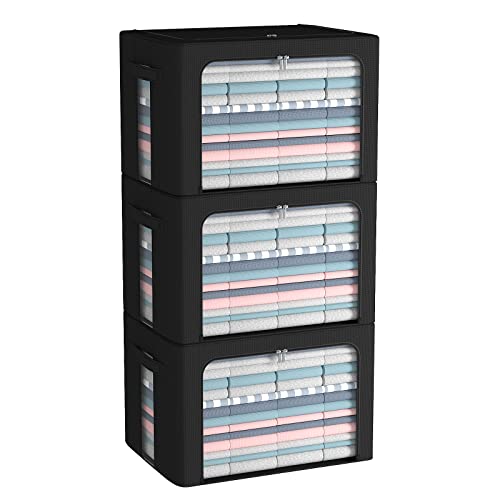 CYhom 3Pack Frame Storage Box - Clothes Storage Bin Bags Oxford Fabric Foldable Stackable Container Organizer Set with Clear Window & Carry Handles (Black, Large-66L) - color: Black, size: Large-66L