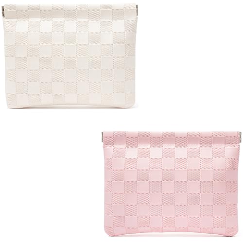 Leather Pocket Cosmetic Bag for Purse,Coin Purse Lipstick Cosmetic Accessories Organizer, Travel Kit Storage Pouch,Waterproof Portable No Zipper Self-closing Small Makeup Pouch for Women - color: Pink+White