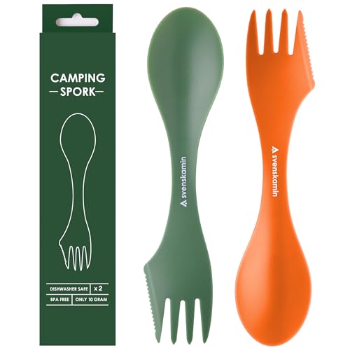 Reusable Camping Spork Set 2-Pack - 3-in-1 Travel Sporks, Lightweight Durable Utensils & Silverware for Tailgate, Outdoors, Hiking, Picnic, Lunch Box - Eco-Friendly Plastic Fork Spoon Knife Combo - color: Orange/Green