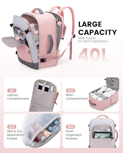 LOVEVOOK Large Travel Backpack for Women, TSA Carry on Backpack for Airplanes, 40L Personal Item Travel Bag for Women fits 17" Laptop,Waterproof Carry on Bag Airplane Approved with 3 Packing Cubes - color: Pink - Pale Grey - Dark Grey, size: 40L-4Pcs