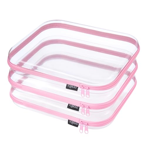 YQBRAO 3-Pack Large Clear Hard Shell Zipper Case, 1.2mm Ultra-Thick Rigid Toy & Closet Organizer, Heavy-Duty Diaper Bag Pouch Set with YKK Zippers, Waterproof Travel Storage (Pink) - color: Pink, size: 3 Pack(L)