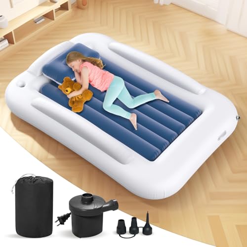 Inflatable Toddler Travel Bed - 60 Inches Portable Toddler Bed for Travel with Safety Sides - Cozy Kids Air Mattress Set with Built-in Electric Pump & Carry Case- Easy to Inflate - Sea Blue - color: Blue