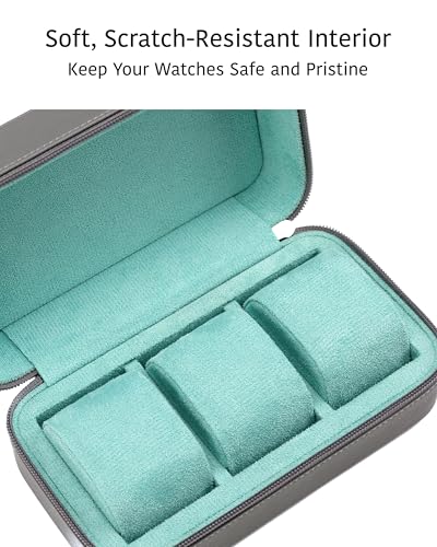 Watch Travel Case for Men | Leather Watch Case with 3 Slots | Perfect Travel Watch Organizer | Portable Watch Carrying Case - color: Grey / Turquoise
