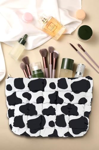Puffy Quilted Makeup Bag, Cosmetic Bag, Travel Toiletry Organizer Pouch, Clutch for Women (Cow Print) - color: Cow Print