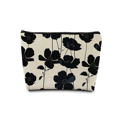 Boho Black and Beige Floral Makeup Cosmetic Bag for Women, Black and White Modern Botanical Flower Aesthetic Portable Travel Toiletry Bag Zipper Makeup Pouch - color: Flower four