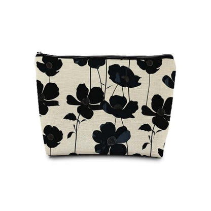Boho Black and Beige Floral Makeup Cosmetic Bag for Women, Black and White Modern Botanical Flower Aesthetic Portable Travel Toiletry Bag Zipper Makeup Pouch - color: Flower four