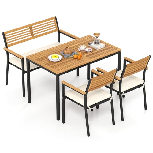 HAPPYGRILL 4-Piece Patio Dining Set, Outdoor Acacia Wood Metal Furniture with Rectangular Table, 2 Armchairs, 1 Loveseat, Removable Cushions, Umbrella Hole, for Poolside Backyard Garden