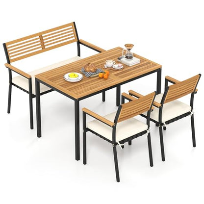 HAPPYGRILL 4-Piece Patio Dining Set, Outdoor Acacia Wood Metal Furniture with Rectangular Table, 2 Armchairs, 1 Loveseat, Removable Cushions, Umbrella Hole, for Poolside Backyard Garden